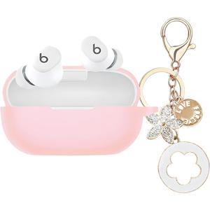 Case Cover Compatible with Beats Solo Buds Earbuds, Soft Silicone Protective Skin with Bling Keychain Accessories for Women Girl (Pink)