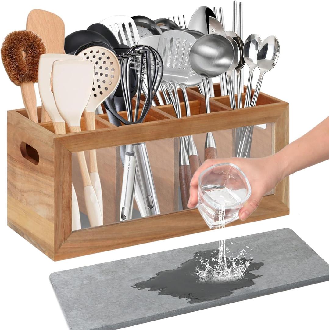 Rectangular Kitchen Utensil Holder for Countertop, Extra Large Kitchen Utensils Holder with 8 Compartments and Absorbing Drying Stone, Acacia Wood Silverware Caddy Organizer for Farmhouse Decor