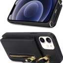 for iPhone 12 Mini Case with Card Holder for Women, for iPhone 12 Mini Phone Case Wallet with Strap Credit Card Slots Crossbody with Kickstand Zipper Case - Black