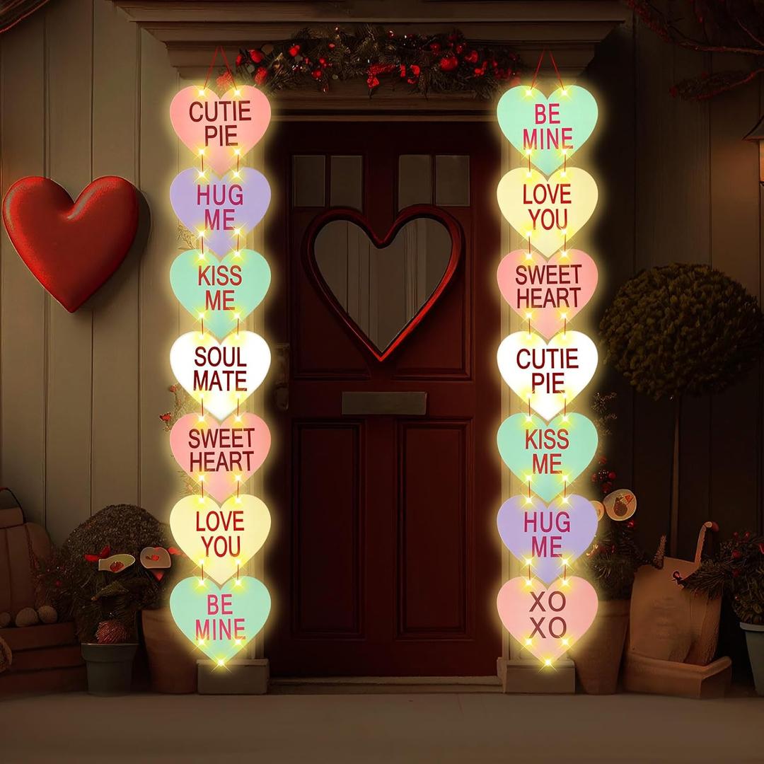 2 Pcs Valentine s Day Decoration Outdoor Lighted Conversation Hearts Hanging Banners Galentines Porch Sign Decoration Door Wall Decor for Valentines Outdoor Indoor Home Party Supplies