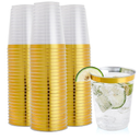 FOCUSLINE 12oz Gold Plastic Cups, Disposable Clear Fancy Hard Plastic Cups, Gold Rimmed, Heavy Duty, Reusable,100 Count