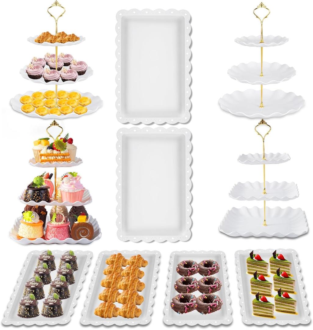 Wgbon 10 Pack Dessert Table Display Set, 4 Sets 3 Tier Cupcake Stand, 6 Pcs Food Serving Trays, Tiered White Plastic Cup Cake Tower for Birthday Baby Shower Wedding and Tea Party Supplies (10, Large)