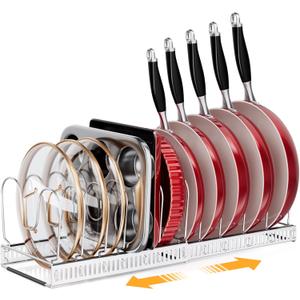 MUDEELA Pot Rack - Expandable Pots and Pans Organizer under Cabinet, Pot Lid Organizer Holder with 12 Adjustable Compartment, Kitchen Cabinet Organizer and Storage for Cutting Board, Skillets Pan