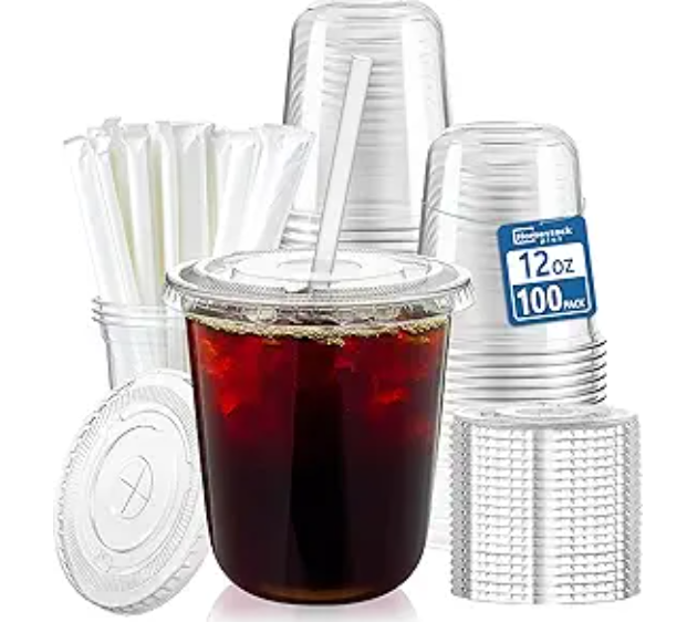Homestockplus 100 Pack 12 oz BPAFree Clear Plastic Cups with Sip Lids  LeakProof Round Bottom Disposable Iced Coffee Cups for Kids, ToGo Drinks, Smoothies, Juice & Small Portion Cold Beverages