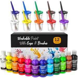 Nicpro 12Colors Washable Paint for Kids(2 oz), Finger Paint Set with Paint Cups and Toddler Paintbrushes, Non Toxic & Mess Free Kids Painting Set for Children Age 1-3 4 5 6+ Preschool Learning Gifts