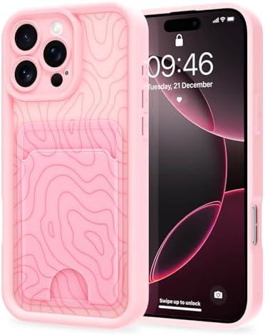 MZELQ Compatible with iPhone 16 Pro Max Case Silicone Card Holder, Cute Pattern Wave Ripple Cover for Girls Women -Pink