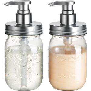 Amolliar Plastic Mason Jar Soap Dispenser with Pump Lid,16OZ Refillable BPA-Free Hand Soap Dispenser Set with Cute Lables, Farmhouse Decor for Kitchen Bathroom, Liquid Soap, Dish Soap (2 Pack, Silver)