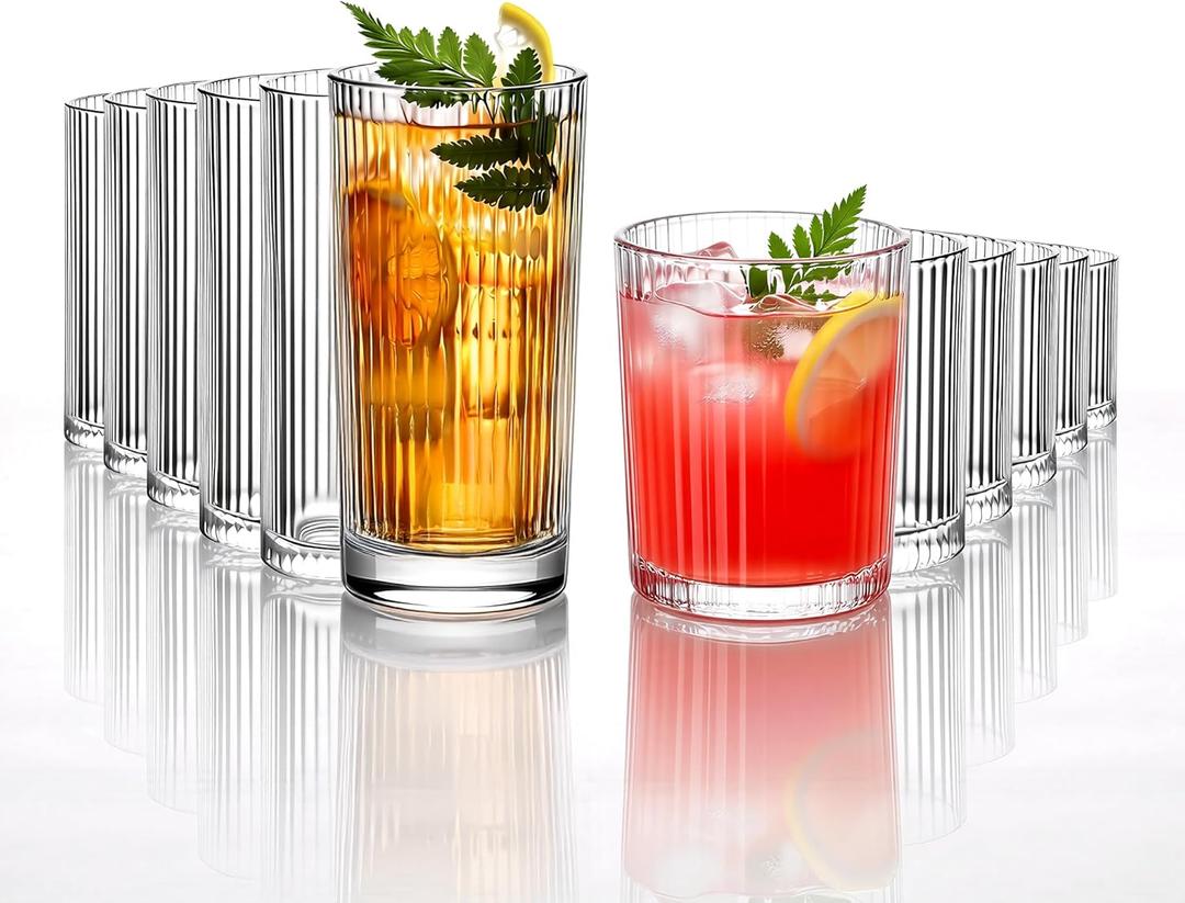 12PCS Ribbed Drinking Glasses - 6 Highball Glasses 8oz， 6 Rocks Glass Cups 11oz， Ribbed Cocktail Glasses, Ideal for Wine, Whiskey, Ice Coffee Cup, Water, Juics, Beer, Mixed Drinkware