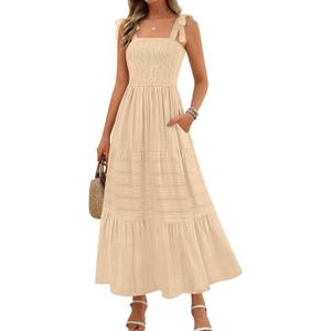 MEROKEETY Women's Summer Boho Maxi Dress Beach Vacation Casual Smocked A Line Sundress with Pockets, L
