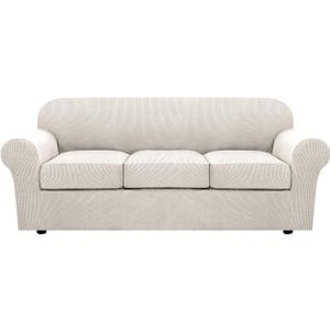 H.VERSAILTEX 4 Piece Stretch Sofa Covers for 3 Cushion Couch Covers for Living Room Furniture Slipcovers (Base Cover Plus 3 Seat Cushion Covers) Upgraded Thicker Jacquard Fabric (XL Sofa, Ivory)