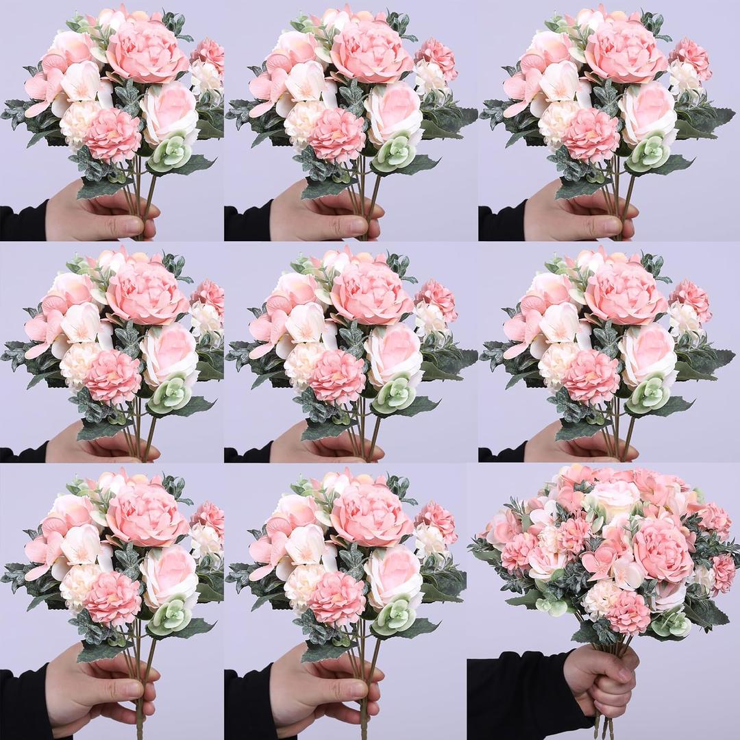 8 Pack Artificial Peony Flowers, Silk Peonies Flowers Fake Peonies Artificial Flowers Peonies Hydrangea Bouquet for Centerpiece Table Wedding Party Home Decor (8, Pink + White)