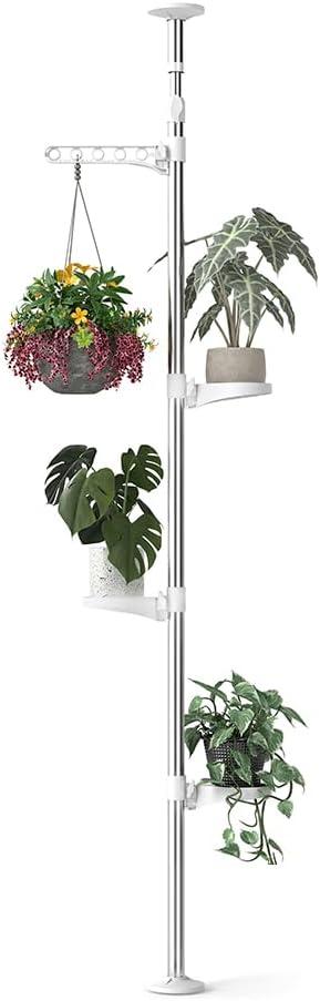 Hershii 4-Tier Indoor Plant Stand Tension Pole Corner Standing Shelf Adjustable Stands for Flower Pots Windowsill Bathroom Vanity Display Rack - Ivory (3 Trays & 1 Hook)