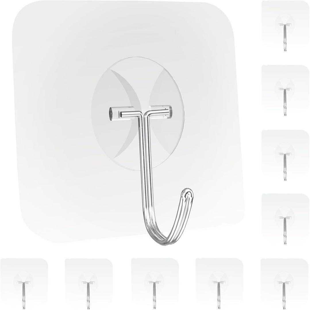Heavy Duty Adhesive Wall Hooks - Strong & Transparent, Hold up to 22lb, Waterproof & Reusable, Ideal for Kitchen, Bathroom, and Office (10 Pack)