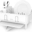 simplehuman Compact Dish Drying Rack with Stainless Steel Frame, 360 Easy Drain Swivel Spout, Utensil Holder, Anti-Residue Coating, Moisture Control Surface, White (Compact (15'' X 15.5'' X 7.5''))