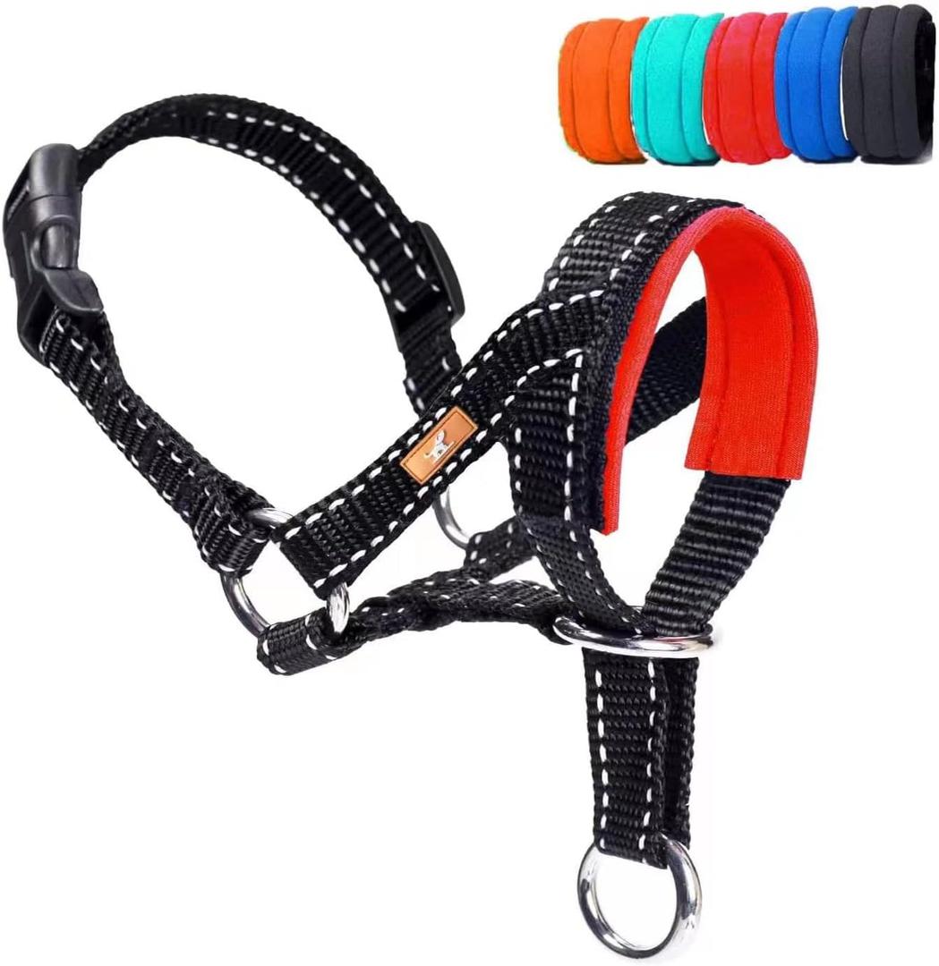Dog Head Collar, Head Collar with Reflective Strap to Stop Pulling for Dogs, Adjustable (M, Red)