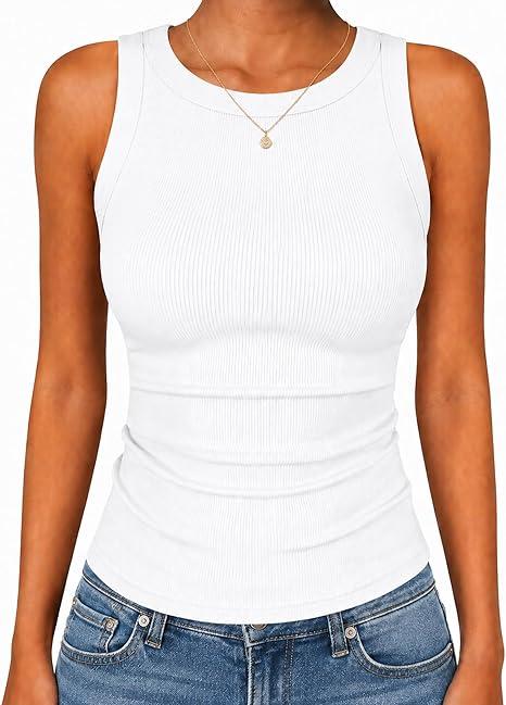 Womens Ribbed Tank Tops High Neck Sleeveless Soft Stretchy Slim Fit Racerback Shirts for Casual Workout Clothes, White Smal