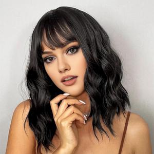 AGO Natural Black Wigs with Bangs Short Bob Wig Shoulder Length Synthetic Hair for Women Girl Loose Wavy Wig Heat Resistant Fiber Hair for Daily Party Halloween Cosplay Use(2/4#Black)
