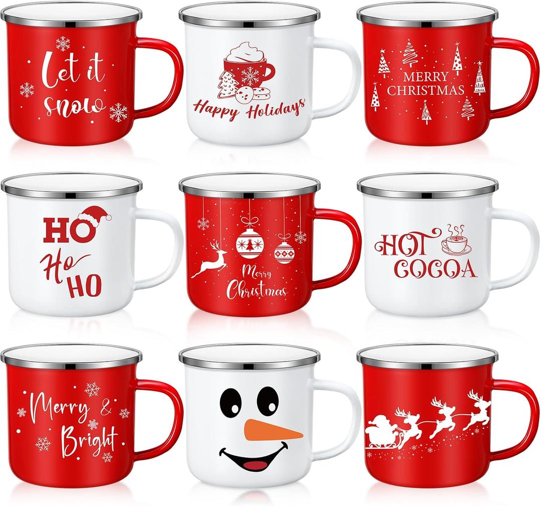 Zhehao 9 Pcs 11 oz Christmas Mugs Holiday Hot Chocolate Mugs Seasonal Cute Enamel Tea Cups Red and White for Coffee Cocoa Adult Kids Christmas Coworkers Gifts Winter Holiday