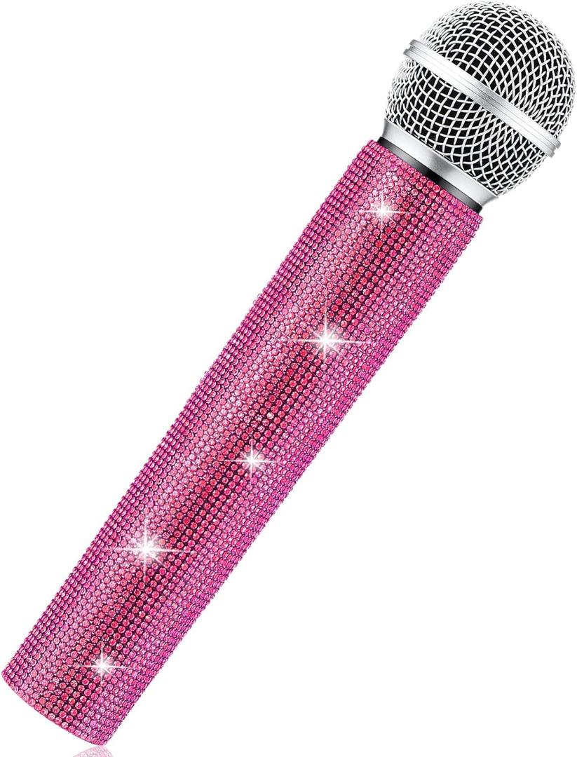 Sanwuta Fake Microphone Prop Sparkly Bling Rhinestones Plastic Play Microphone Pretend Glitter Bedazzled Mic for Cosplay Party Costume(Pink)