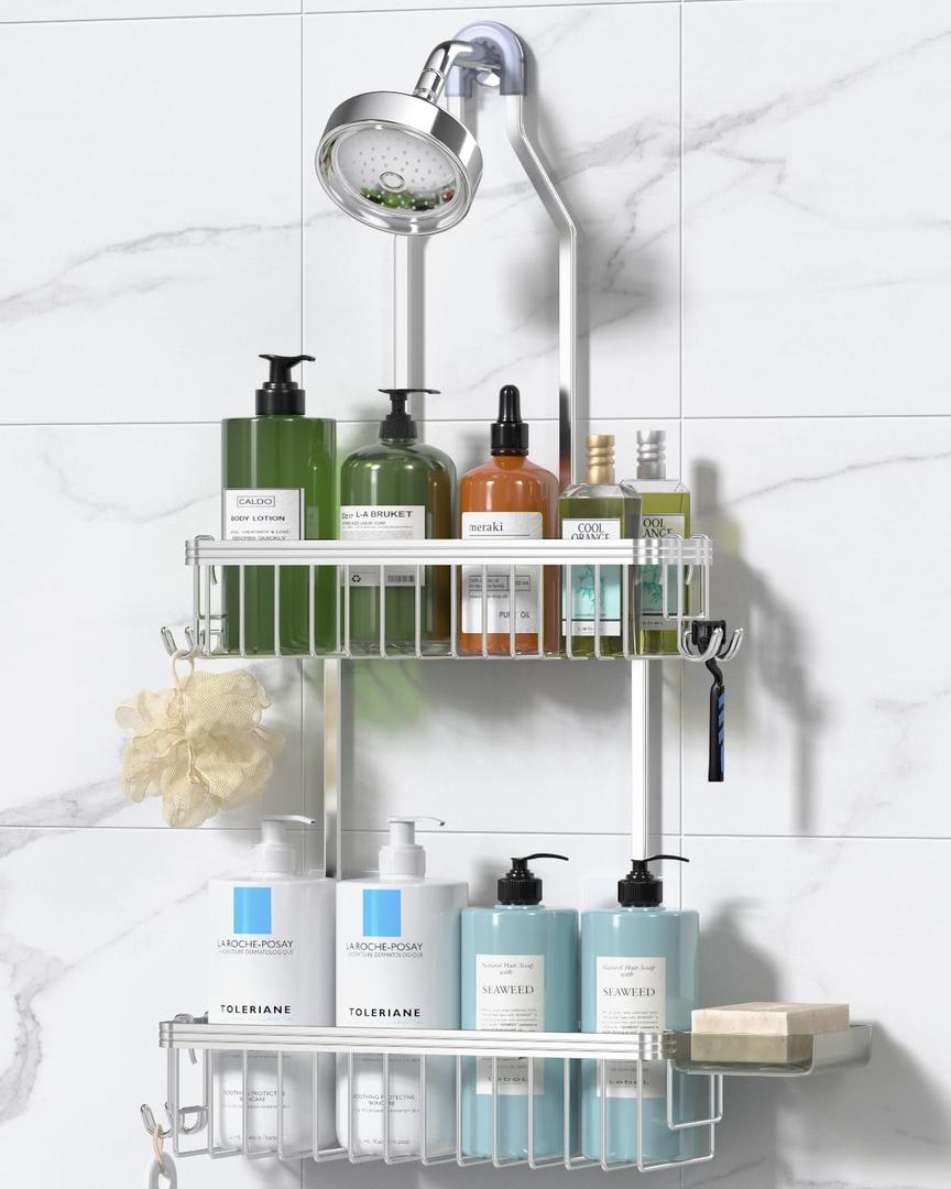 YASONIC Shower Caddy Hanging, Never Rust Shower Organizer Hanging, Aluminum Shower Racks for Inside Shower with Hooks for Razor, Bathroom Organizers and Storage with Soap Holder, Bright Silver