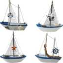 TIHOOD 4PCS Mini Sailboat Model Decoration Wooden Miniature Sailing Boat Home Decor Set, Beach Nautical Design, Navy Blue and White, 4.4 x 6.8 Inch (StyleB)