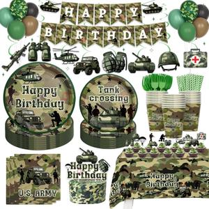 Army Birthday Party Decorations Tableware Set, 196 PCs Camo Birthday Supplies with Plates, Napkins, Forks, Hanging Swirls, Banner, Tablecloth for Military Camouflage Party, Serves 24 Guests