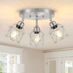 3-Light Brushed Nickel Semi Flush Mount Ceiling Light, Adjustable Kitchen Light Fixtures Ceiling Mount E26 Base Multi-Directional Silver Ceiling Spot Lights for Hallway Farmhouse Foyer