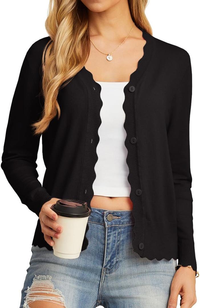 GRECERELLE Women's Long Sleeve V-Neck Button Down Cardigan Knit Shrugs Sweater (Black) Medium 