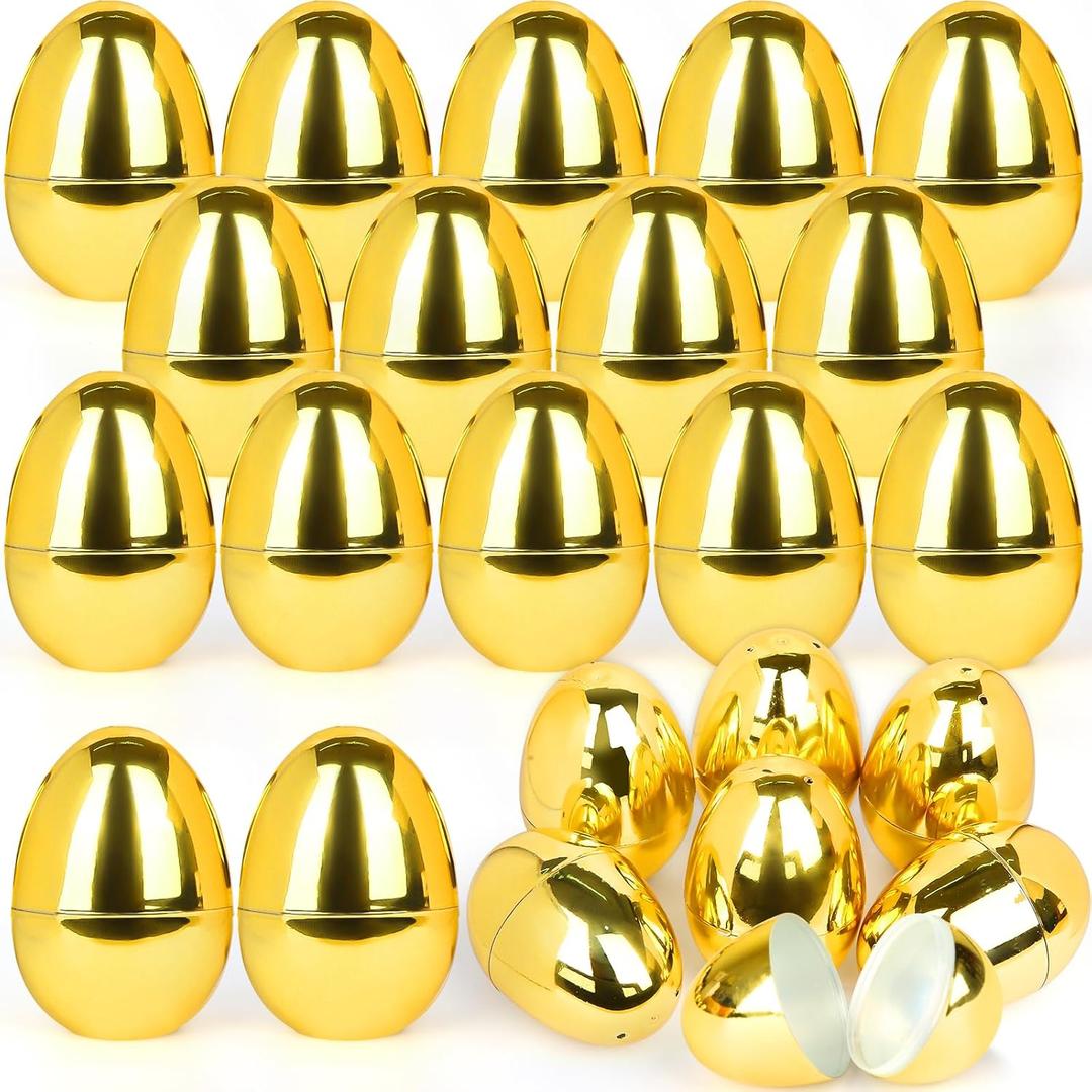 LEASEN 24 Pack Gold Easter Eggs, 2.3 Inch Metallic Plastic Empty Eggs, Surprise Golden Eggs Fillable for Easter Treats Fillers, Easter Eggs Hunt, Easter Party Favor, Basket Stuffers Fillers