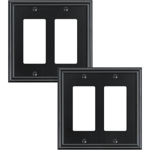TREEWELL 2-Pack Decorative Double Decorator Outlet Cover Plate, Durable Zinc Alloy Black Wall Plates for Electrical Outlets, Receptacle, GFCI Outlet, Dimmer Switch, 2-Gang, Corrosion Resistant