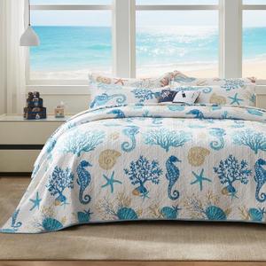 Coastal Quilt Set Full/Queen Size - Lightweight Microfiber Reversible Bedspread, 90''x98'', Sky Blue, Includes 2 Shams