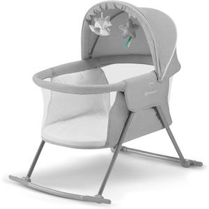 Kinderkraft LOVI Travel Bassinet for Baby, Portable Folding Baby Bed with Built-in Mosquito net, Adjustable Hood and an Additional Cradle Function, Grey