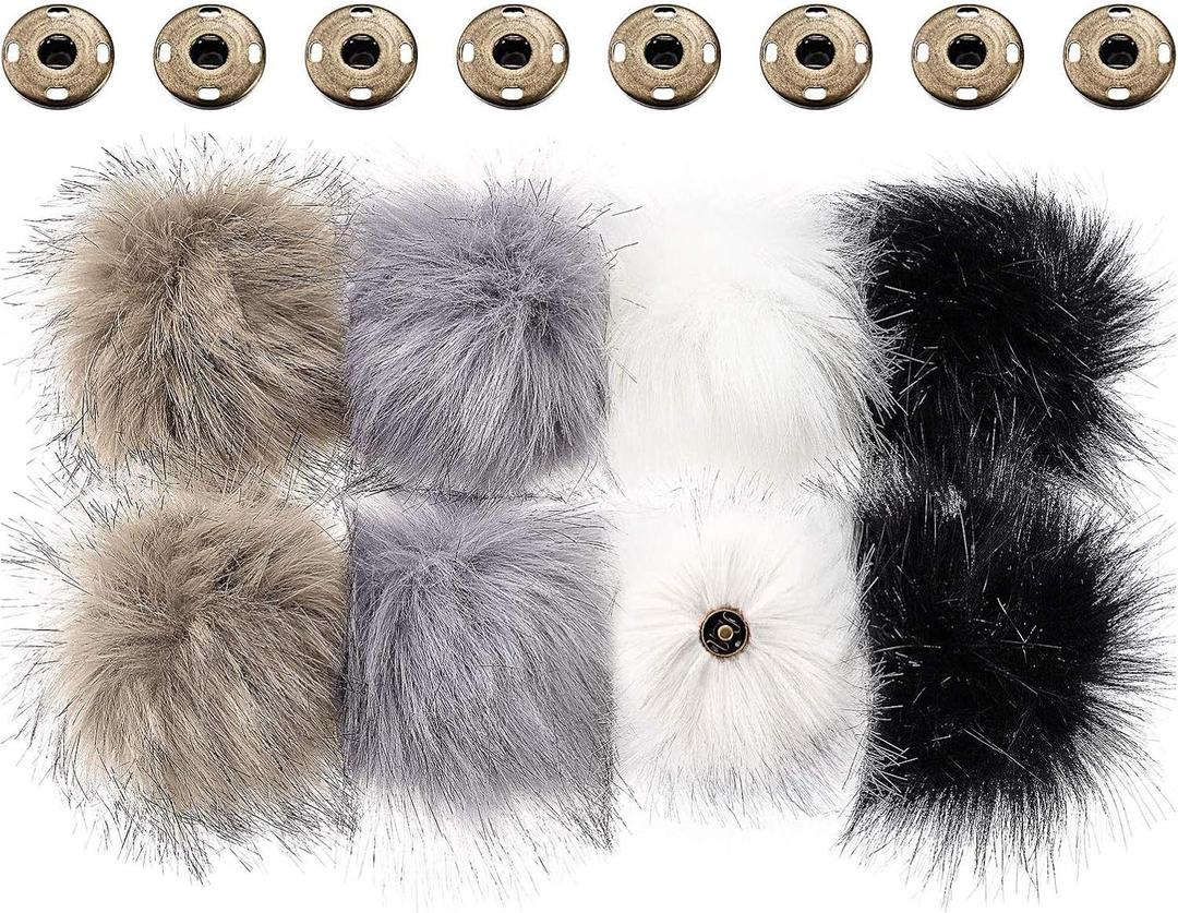 Boao 8 Pcs Faux Fur Pompoms for Hats with Removable Press Button Faux Fur Fluffy Pompom Balls Knit Hats Clothing Accessories for Bobble Hat Knitting Shoes Scarves Bag(4 Color)