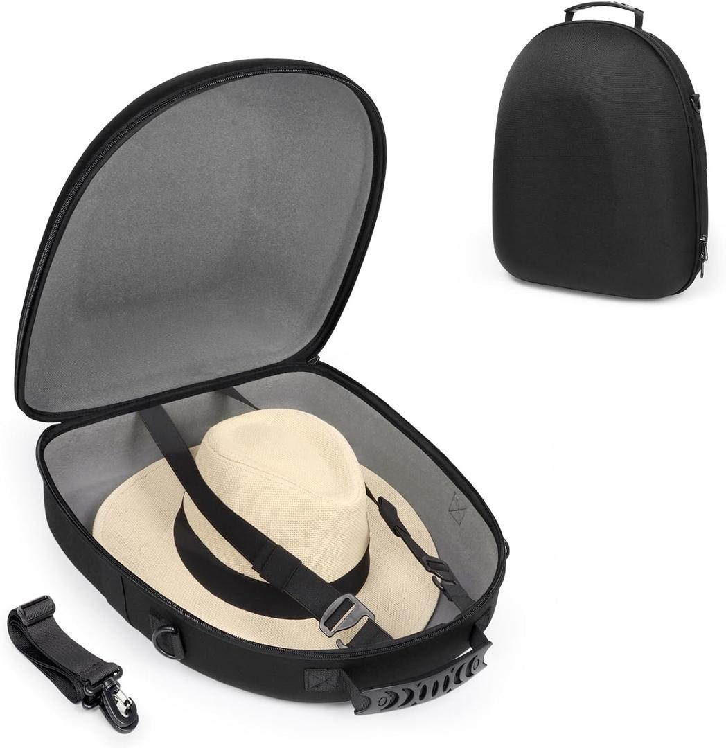 WOMACO Cowboy Hat Travel Box - Crushproof Hard Hat Carrier for Panama & Tweed Hats, Western Hat Holder for Home Storage and Organize with Handle, Shoulder Strap (Black, Medium)