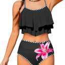 Girls Swimsuit Bikini Set 2 Piece Bathing Suit Tiered Ruffled Contrast Trim Adjustable Straps Girls Swimwear, Size: 13-14 Years
