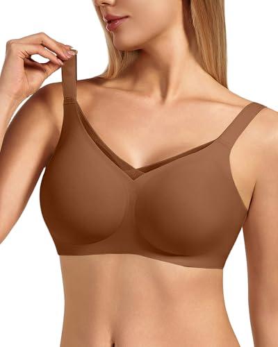 VQJ Women's Full Coverage Jelly Comfort Support Wireless Bra with Breathable V-Mesh, No Underwire Push Up Bralette, Seamless Everyday T-Shirt Bra (Cafe-3XL)