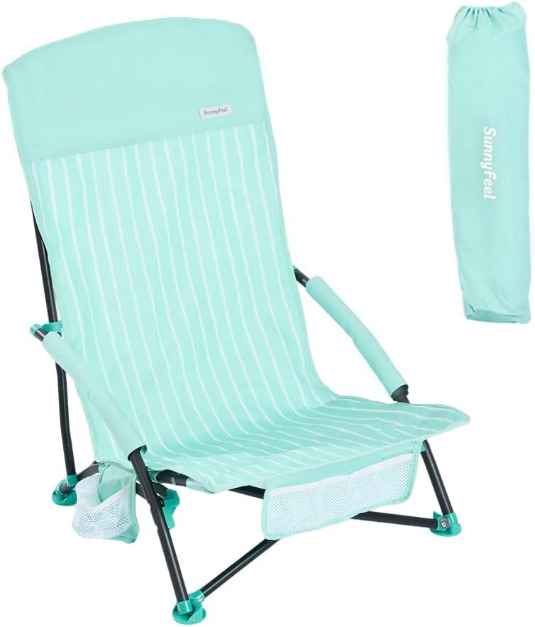 SUNNYFEEL Portable Low Beach Chair - Lightweight High Back Backpack Beach Chair with Cup Holder, Folding Sand Chair for Beach Camping Fishing Concert, 27.17 inches x 29.53 inches x 4.72 inches