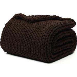 YnM Cotton Weighted Blanket, Handmade Chunky Knitted Design, Soft and Cozy, Temperature Regulating and Breathable, Machine Washable Throw for Sleep or Home Decor (Chocolate Brown, 48x72 Inch, 20lbs)