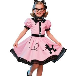 Nuehoryu 50s Costumes for Girls 50s Poodle Dress with Polka-Dot Printed Scarf for Kids Halloween Costume, Small