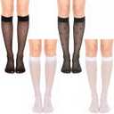 4 Pairs Pattern Knee High Stockings for Women, Dot Sheer Thin Socks, Elegant Design and Stretchy Breathable Knee High Socks for Summer, Party, Various Occasions, Black White Polka Dots & Hearts