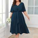 SCOMCHIC Women Plus Size Midi Dresses Wedding Guest Short Sleeve V Neck Tie Waist Casual Summer Flowy A Line Dress (Blue, XXXL)