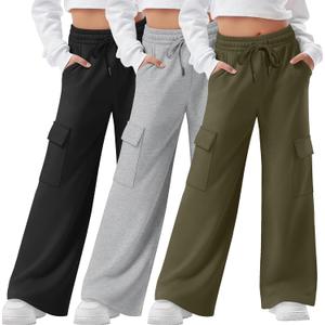 3 Pack Girls Wide Leg Sweatpants Kids Cargo Baggy Pants Drawstring Casual Athletic Joggers for Teens 5-14 Years (Large, Army Green, Light Gray, Black)
