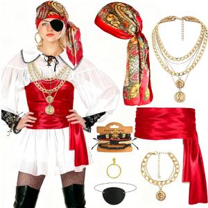 GOLDGE 7pcs Pirate Costume Accessories Set for Women  Includes Head Scarf, Sash, Belt, Eye Patch & Jewelry, for Halloween, Cosplay & Themed Parties. Stylish & Detailed Pirate Outfit Essentials