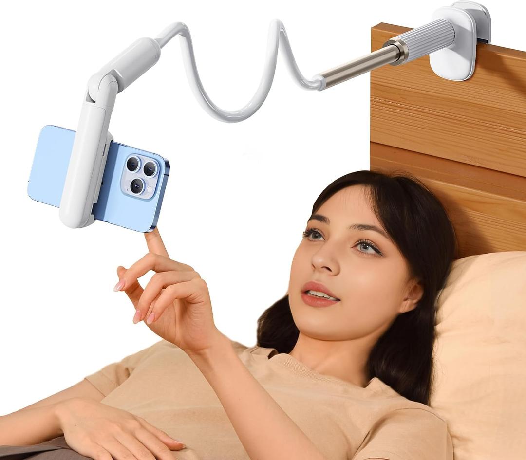 Phone Holder for Bed, Gooseneck Cell Phone Stand with Clamp Mount, 900 Rotation Overhead Lazy Bracket with Flexible Long Arm, Compatible with 4.7-7 Inches Cellphone (43.3 Inches Length)