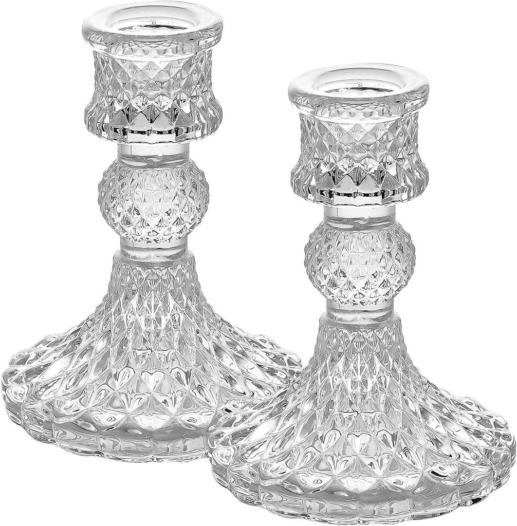 Clear Glass Candlestick Holders Set of 2Taper Candle Holders Fit 0.8 Inch Candles, Crystal Decorative Candle Stand Centerpiece for Table Wedding Dinning Party 4 Inch Tall