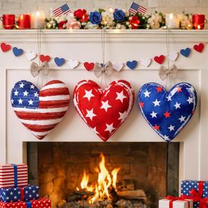 Moukeren 3 Pcs 4th of July Tree Decorations 12 Inch Large Red White Blue Decorations Patriotic Mantel Decor Fabric Heart Hanging Ornaments for Independence Day 250th Anniversary Rustic Farmhouse Style