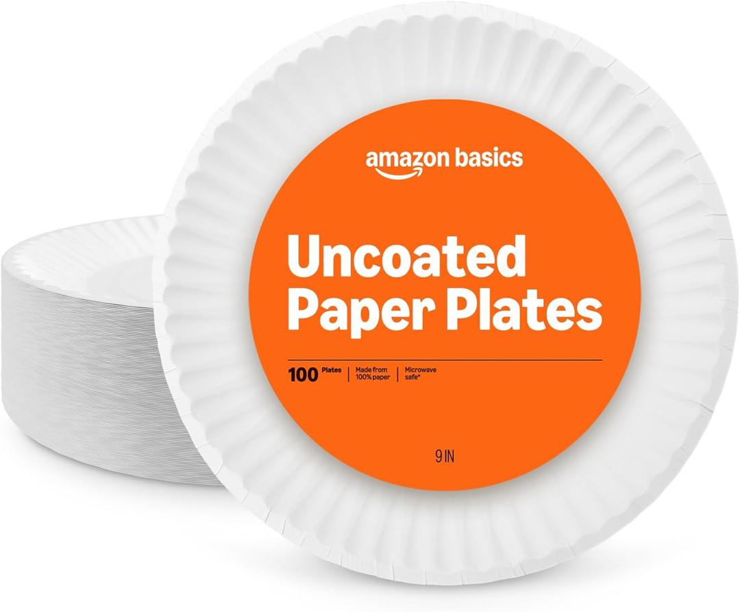 Amazon Basics 9" Uncoated White Paper Plates 100 Count (Pack of 1)