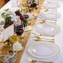 WELLIFE 600 PCS Gold & White Disposable Dinnerware Set for 100 Guests White Plastic Plates with Gold Rim, Dinner & Salad Plates, Cups, Forks, Knives & Spoons for Weddings & Elegant Events