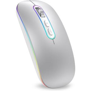 cimetech Wireless Bluetooth Laptop Mouse for Desk, Rechargeable Mouses Office Work from Home Essentials, [1 Mice for 2 Devices] [Ultra-Low Decibel Click], RGB Muse for MacBook Computer PC Chromebook (BT5.1 & 2.4G-Sliver)