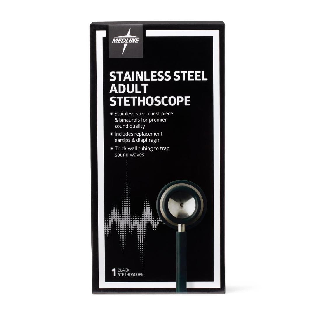 Medline Elite Adult Stainless Steel Stethoscope, Black, High Acoustic Sensitivity